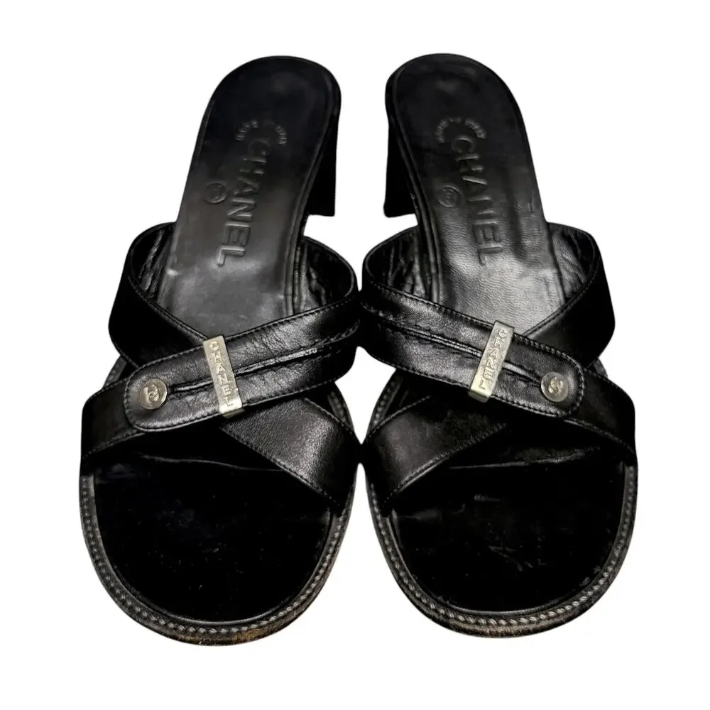 Vintage Chanel Black Leather Crossover Strap Mule Sandals Women EU 37.5 US 7/7.5